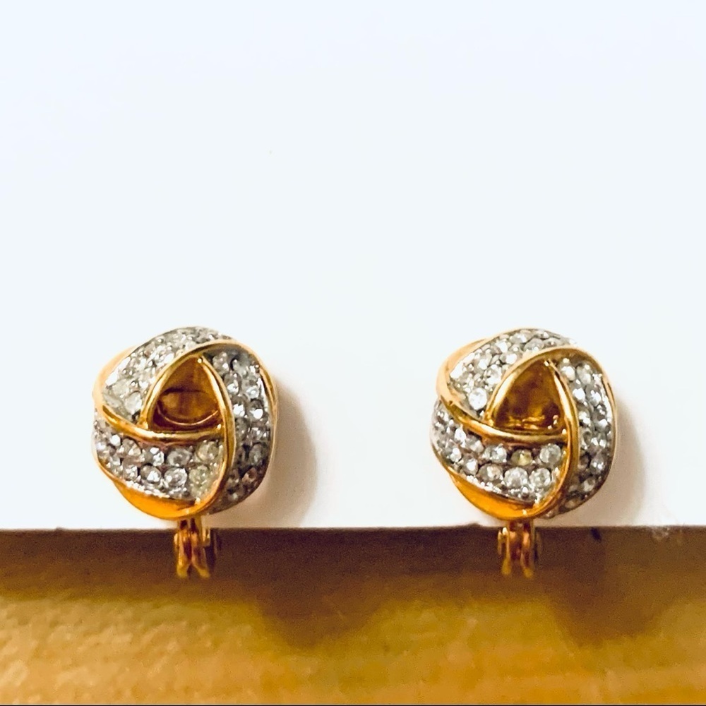 MONET Vintage Crystal and Gold Tone Knot Earrings Signed